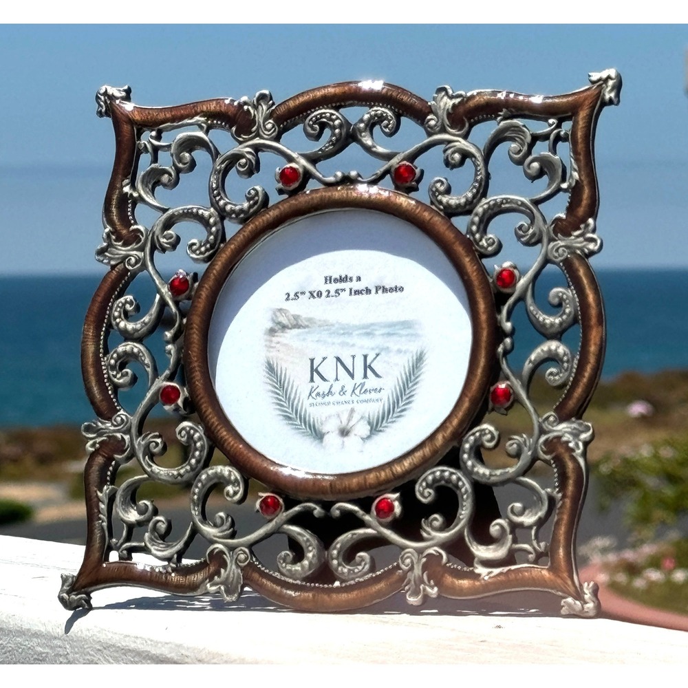 Ornate Picture Frame Bronze Silver Red Rhinestone Coastal Glam‎ 2.5" Photo